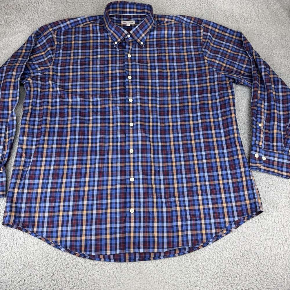 Peter Millar Long Sleeve Button Down Shirt Men's Size XXL Blue Plaid - Picture 2 of 11
